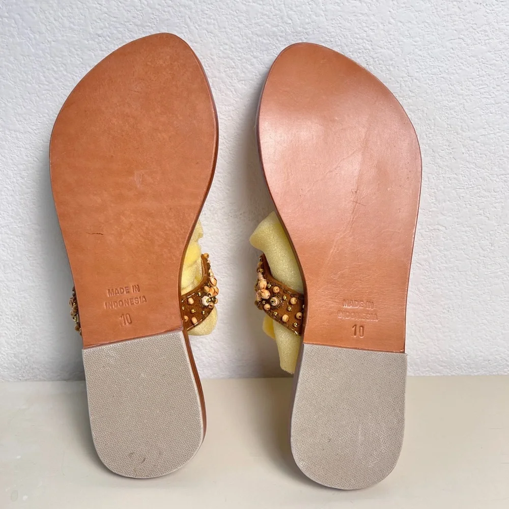 Mystique NEW Beaded Tan Leather Loop Slip On Sandals Size‎ 10 Boho Chic Summer